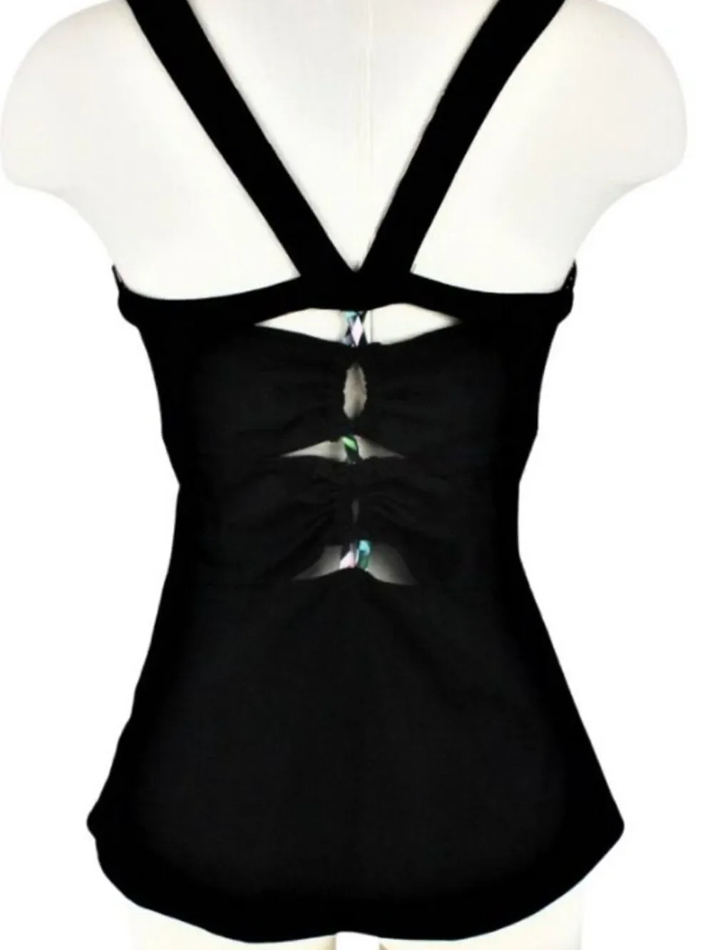 Swim Tankini Top Only Cut-Out Back Slimming Side Panel-Black Multicolor Size M